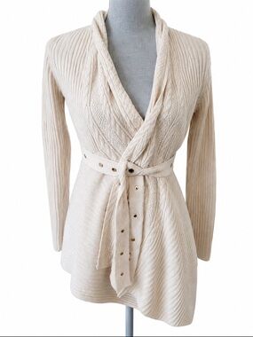 Joseph A Cream Cable Knit Belted Wrap Cardigan Shawl Collar Small